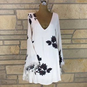 Free People Wanderer V Neck Floral Mini Dress with Bell Lace Trimmed Sleeves